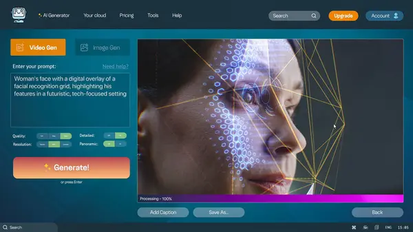 stock image User interface of artificial intelligence video generator. AI chatbot generate detailed high-quality video: Woman face with facial recognition digital grid. Text to video technology. Automated artwork