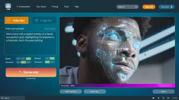 stock image User interface of AI video generator. Artificial intelligence chatbot generate detailed video: Man face with digital facial recognition grid overlay. From text prompt to realistic AI generated video.