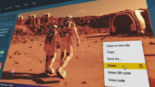 stock image User interface of AI video generator. Artificial intelligence chatbot generate detailed high-quality realistic video of two astronauts walking on Mars. Advanced AI generated video creation technology.