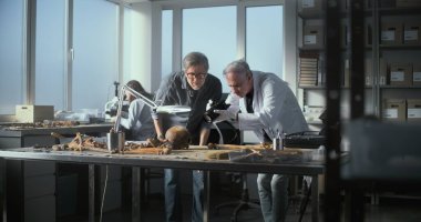 Kıdemli paleoantropolog, tarih öncesi insan kafatasının fosil kalıntılarını ve kamera kullanarak arkeoloji laboratuvarındaki meslektaşlarıyla birlikte kemiklerin fotoğrafını çekiyor. Kadın bilim adamı arka planda çalışıyor..