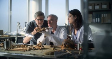 Bir grup bilim adamı modern arkeoloji laboratuvarında tarih öncesi iskeletin fosil kalıntılarını inceleyip analiz ediyorlar. Çeşitli paleoantropologlar konuşur, ölçümleri alır ve not defterine not alır..