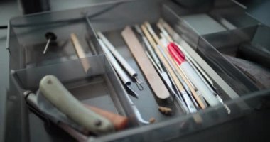 Kutuda yatan fosilleri temizlemek ve incelemek için profesyonel aletleri yakın çekim. Modern ve gelişmiş arkeoloji laboratuarındaki ekipmanlar. Arkeoloji ve bilim kavramı. El bilgisayarı.