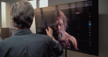 Erkek arkeolog ve kadın bilim adamı, antik Neandertal insan anatomisinin üç boyutlu modelini gösteren büyük ekran kullanarak tarihi araştırmalar yapıyorlar. Gelişmiş arkeoloji laboratuvarı.