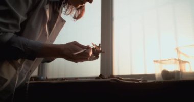 Kadın bilim adamı veya arkeolog, kemikleri fırçayla temizler, antik insan veya dinozor iskeletinin kalıntılarını inceler. Gelişmiş arkeoloji laboratuvarında fosil numune koleksiyonu. Gün batımı ışığı. Yavaş Hareket.