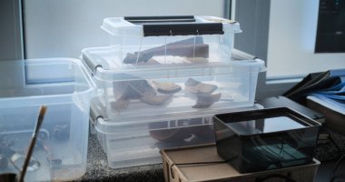 Arkeoloji laboratuarındaki kutularda yatan fosil örneklerinin toplandığı yeri kapatın. Kemikler, tarih öncesi soyu tükenmiş insan ya da yırtıcı iskeletin kalıntıları. Antik çağa ait bir eser. Tarihi araştırma..