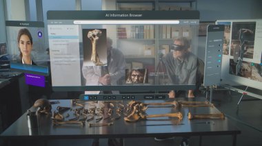 Gelişmiş arkeoloji laboratuvarı: VR kulaklık kullanan iki arkeolog artırılmış gerçeklik kullanılarak kemik incelemesi yapıyor. Yapay zeka asistanı ve bilimsel bilgili tarayıcı ile üç boyutlu görüntüleme