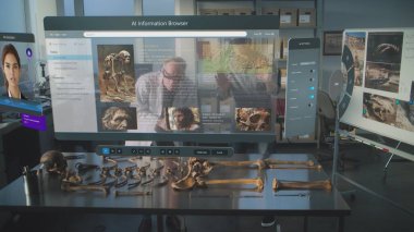 Gelişmiş arkeoloji laboratuvarı: VR kulaklık kullanan iki arkeolog artırılmış gerçeklik kullanılarak kemik incelemesi yapıyor. Yapay zeka asistanı ve bilimsel bilgili tarayıcı ile üç boyutlu görüntüleme