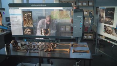 Gelişmiş arkeoloji laboratuvarı: VR kulaklık kullanan iki arkeolog artırılmış gerçeklik kullanılarak kemik incelemesi yapıyor. Yapay zeka asistanı ve bilimsel bilgili tarayıcı ile üç boyutlu görüntüleme