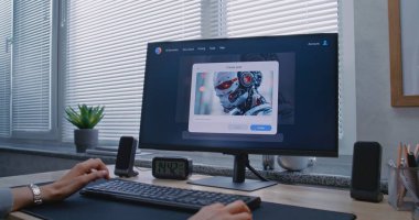 Yetişkin kadın tipleri PC 'de yapay zeka sohbet robotu gönderiyorlar. Gelişmiş yapay zeka görüntü jeneratörü detaylı bir bilim kurgu robotu portresi oluşturuyor. Yapay zeka görüntü oluşturma teknolojisi.