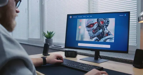 Kulaklıklı yetişkin adam yapay zeka görüntü jeneratörü uygulamasına girdi. Gelişmiş yapay zeka sohbet robotu bilim kurgu robotunun detaylı bir portresini oluşturuyor. Metinden oluşturulan fotoğrafa.