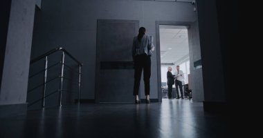 Modern yatırım şirketlerinin ofisindeki iş süreci: Analist borsa büyümesi ve yatırım sonuçları konusunda yöneticiye rapor veriyor. Kadın yönetici belgelerle toplantı odasına gider..