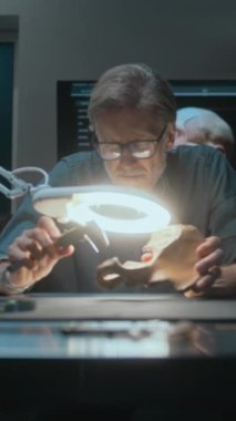 Olgun arkeolog, lambanın altında fosil kemik kalıntılarını ölçer ve inceler, tablet bilgisayar kullanır. Bilim adamı geceleri arkeoloji laboratuvarında çalışıyor. Dikey çekim