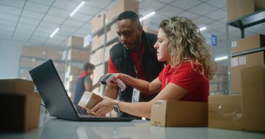 Çok ırklı depo ortakları ya da envanter yöneticileri karton kutuları tarar, kargo için paket hazırlar, dizüstü bilgisayardaki bilgileri kontrol eder, postanede çalışırlar. Lojistik Merkezi veya dağıtım hizmeti.