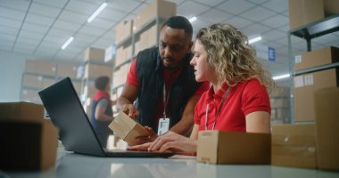 Çok ırklı depo ortakları ya da envanter yöneticileri karton kutuları tarar, kargo için paket hazırlar, dizüstü bilgisayardaki bilgileri kontrol eder, postanede çalışırlar. Lojistik Merkezi veya dağıtım hizmeti.