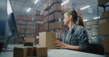 Kadın lojistik uzmanı, barkod tarayıcı ile paketleri tarar, bilgisayar kullanarak verileri kontrol eder. Afro-Amerikan tasnif merkezi çalışanı nakliye için kutularla çalışıyor. Posta servisinin yükleme bölümü.