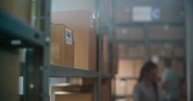 Tasnif Merkezi 'nde E-Ticaret Çevrimiçi Tarama ile Depo çalışanlarının Karton Tarayıcı Kutusunu kapat, Teslimat İçin Raftan İstemciye Paket Al. Lojistik Dağıtım Merkezi.