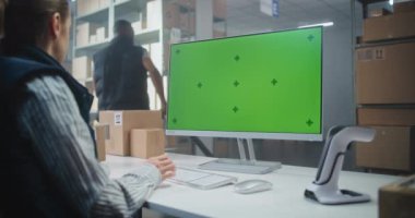 Kadın Posta Deposu İşçi Kodu Tarayıcı ile karton kutuda tarama yapar, Bilgisayarda paket bilgilerini kontrol eder, Lojistik Merkezi 'nde çalışır. PC Ekranı Yeşil Ekran Kroma Anahtar Model 'ini gösteriyor. Doli Vuruşu.