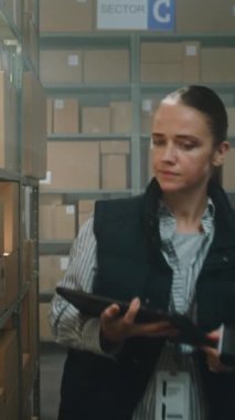 Kadın Sıralama Merkezi Personel Tarama Bölümü Çevrimiçi Siparişler, Tablet Bilgisayar Bilgileri, Teslimat İçin Raftan Paket Aldı. E-ticaret mağazasının depo perakende satış tesisi. Dikey Çekim