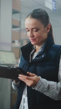 Depo Tesisindeki Kadın Envanter Yöneticisi Tablet Bilgisayar kullanıyor, Kameraya bakıyor. İşçi Hazırlama Çevrimiçi Siparişleri Sıralanıyor. Lojistik Dağıtım Merkezi. Portre. Dikey Çekim.