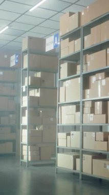 Muhtelif tasnif merkezi çalışanlarının karton kutular taşıması, kargo için paket hazırlaması. Posta servisinin depolama tesisi, e-ticaret siparişleri ve mallarla çevrimiçi mağaza. Dikey çekim.