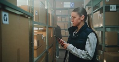 Dişi Depo Ortaklığı Karton Kutularda E-Ticaret Online Mallar Akıllı Telefon Kullanıyor, Bilgi Kontrol Ediyor Raftan Müşteriye Paket Taşıyor. Teslimat Teslimat Merkezi.
