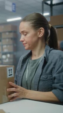 Lojistik Merkezi: Kadın postane çalışanı barkod tarayıcı kullanarak karton paketi tarıyor, bilgisayarda çalışıyor. Merkez çalışanı teslimat için kutuları kontrol ediyor. Çevrimiçi mağaza. Dikey çekim.