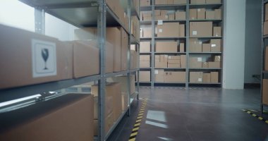 Büyük Depo, raflı, karton kutuları ve paketleri olan depo perakende satış merkezi. Postane ya da Dağıtım Ürün Teslimatı Merkezi. Lojistik Konsepti. Doli Vuruşu.