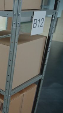 Tasnif Tesisi, E-Ticaret Siparişleriyle Çevrimiçi Dükkan Deposu, Raflardaki Karton Kutular ve Paketler. Depo Teslimat Merkezi. Lojistik. Yüksek Açı. Dikey Çekim.