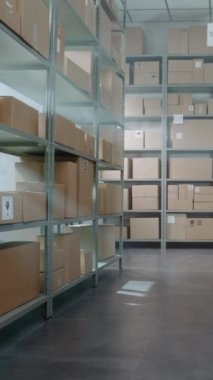 Büyük Depo, raflı, karton kutuları ve paketleri olan depo perakende satış merkezi. Ürün Teslimatı Sıralama Merkezi veya Dağıtım Teslimatı. Lojistik Konsepti. Dolly Shot. Dikey Çekim.