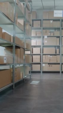 Posta Sıralama Merkezi, Online Mağaza Perakende Deposu E-Ticari Mallar Karton kutularda, Paketler Raflarda. Depo, Lojistik ve Dağıtım Teslimat Servisi. Dikey Çekim.