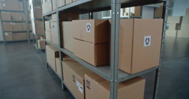 Büyük Depo, raflı, karton kutuları ve paketleri olan depo perakende satış merkezi. Postane ya da Dağıtım Ürün Teslimatı Merkezi. Lojistik Konsepti. Doli Vuruşu.