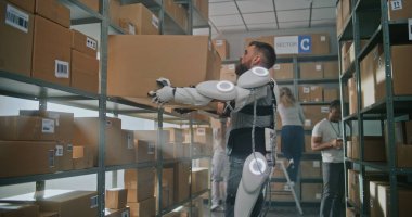 High-Tech Modern Warehouse: African American Inventory Specialist with Tablet Computer Checks Inventory. Sorting Center Worker in Futuristic Full Body Robotic Exoskeleton Puts Cardboard Box on Shelf. clipart