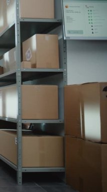Posta Sıralama Merkezi, Online Mağaza Perakende Deposu Raflarda E-Ticari Mallar Karton Kutular ve Paketler. Depo, Lojistik ve Dağıtım Teslimat Servisi. Doli Vuruşu.