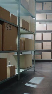 Tasnif Tesisi, E-Ticaret Siparişleriyle Çevrimiçi Depo, Karton Kutularda Mallar, Raflarda Paketler. Depo Teslimat Merkezi. Lojistik ve Dağıtım. Dikey Çekim