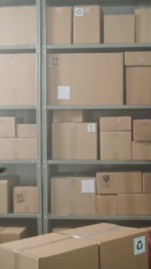 Afro-Amerikan çalışan kamyonu E-ticaret ürünleri paketleriyle yüklüyor. Kulaklıktaki Depo, Tablet Bilgisayar kullanır, Envanteri kontrol eder. Teslimat Hizmet Sıralama Merkezi. Dikey Çekim.