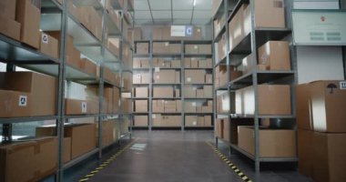 Tasnif Tesisi, E-Ticaret Siparişleriyle Çevrimiçi Dükkan Deposu, Raflardaki Karton Kutular ve Paketler. Depo Teslimat Merkezi. Lojistik ve Dağıtım. Doli Vuruşu