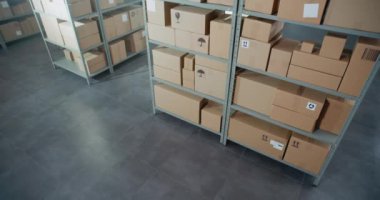 Tasnif Tesisi, Online Mağaza Deposu E-Ticaret Siparişleri, Raflardaki Karton Kutularda Mallar. Depo Teslimat Merkezi. Lojistik ve Dağıtım. Yüksek Açı, Dolly Vuruşu.