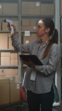 Kadın Depo ve Ortakları Karton Kutuları E-Commerce Online Siparişler ile Raflarda Tarayıcı Kullanarak, Tablet Bilgisayardaki Paketlerin Teslimat Bilgilerini Denetler. E-Ticaret Mağazası Sıralama Merkezi.
