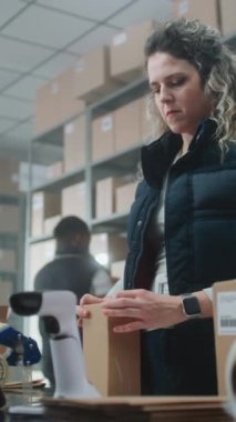 Kadın Depo Katibi Karton Kutuları Çevrimiçi Sipariş, Tarama Kodu Tablet Bilgisayar, Müşterilere Paketleri Hazırlama. E-Ticaret Dükkanı, Posta Teslimat Servisi. Dikey Çekim.