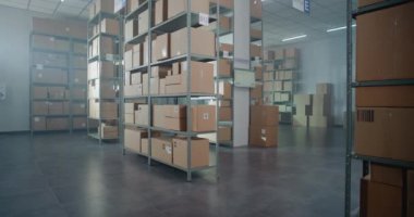 Tasnif Tesisi, E-Ticaret Siparişleriyle Çevrimiçi Dükkan Deposu, Raflardaki Karton Kutular ve Paketler. Depo Teslimat Merkezi. Lojistik ve Dağıtım. Doli Vuruşu