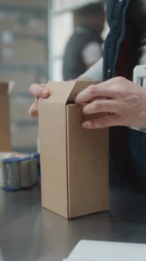 Kadın Posta İşçisinin Kapanışı, Nakliye Katibi E-Ticaret Emri Karton Paketi, Tarayıcı Kodu, Teslimat İçin Hazırlama Paketi. Depo Tesisi, Sıralama Merkezi. Dikey Çekim.