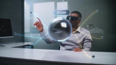 Afrikalı Amerikalı Mühendis Sanal Sanal Sanal 3 boyutlu Sanal Holografik Model ve Sinir Ağı 'nın Artırılmış Gerçeklik Kulaklığını Kullanıyor. Geleceğin Veri Analizi ve Yapay Zeka Entegrasyonu.