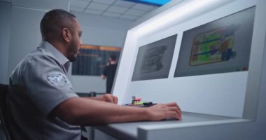 Airport Security Checkpoint: African American Security Officer Monitors Baggage Screening Moving on Conveyor Belt on Computer Screens. Advanced X-ray Scanning Technology for Plane Flight. Dolly Shot.