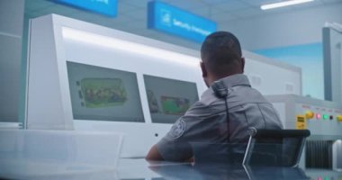 Afrikalı Amerikalı Güvenlik Subayı Modern Yazılım kullanarak Bilgisayar Monitörlerini Tarıyor. Ön planda, Yolcular Uçak Uçuşunun İncelemesi İçin Kişisel Ait Koyuyor.