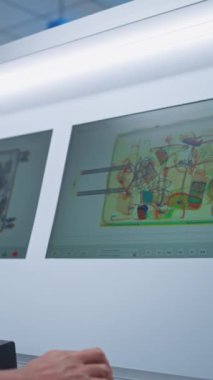 Havaalanı Güvenlik Kontrol Noktası: Afro-Amerikan Güvenlik Subayı PC Monitörlerinde X-ray Bavul Buluyor, Telsiz ile Bilgi Veriyor. Dikey Çekim