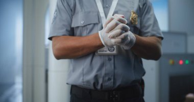 Havaalanı Güvenlik Kontrol Noktası: Afro-Amerikan Güvenlik Subayı Eldiven Giyiyor. Profesyonel havaalanı işçisi tarama prosedürlerine hazırlanıyor. Seyahat Güvenliği Ulaştırma Güvenlik Yönetimi.