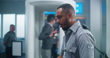 Havaalanı Güvenlik Kontrolü: Afrikalı Amerikalı Güvenlik Görevlisi Yolculara Kapıları Tarayıcı ve Tarama İşlemleri Hakkında Talimatlar Veriyor. Çeşitli İnsanlar, Turistler Tatile Gidiyor.