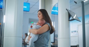 Havaalanındaki Ulaşım Güvenlik Hattı: Metal Detektör Kapılarından Yürüyen Çocuklu Aile. Güvenlik Subayı, Yolcuların Uçuş İzleme Prosedürünü Denetliyor, Tablet Bilgisayar Kullanıyor.