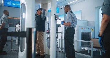 Havaalanındaki Ulaşım Güvenlik Hattı: Yaşlı Kadın ve Adam Metal Detektör Tarayıcısından Geçiyor. Afro-Amerikan Güvenlik Subayı, Yolcu Tarama Yöntemini Kontrol Ediyor, Tablet Bilgisayar Kullanıyor.