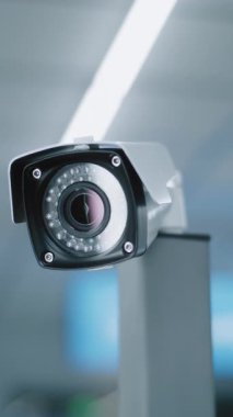 Gelişmiş Havalimanı Güvenlik Sistemi: Kurulmuş CCTV Kamerasını Kapat. Modern Havalimanı 'nda profesyonel video izleme sistemi. Seyahat Güvenliği İzleme ve Tarama Teknolojisi. Dikey Çekim.